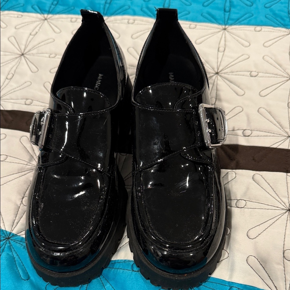 Marc Fisher Black Patent Loafers with Silver Accent